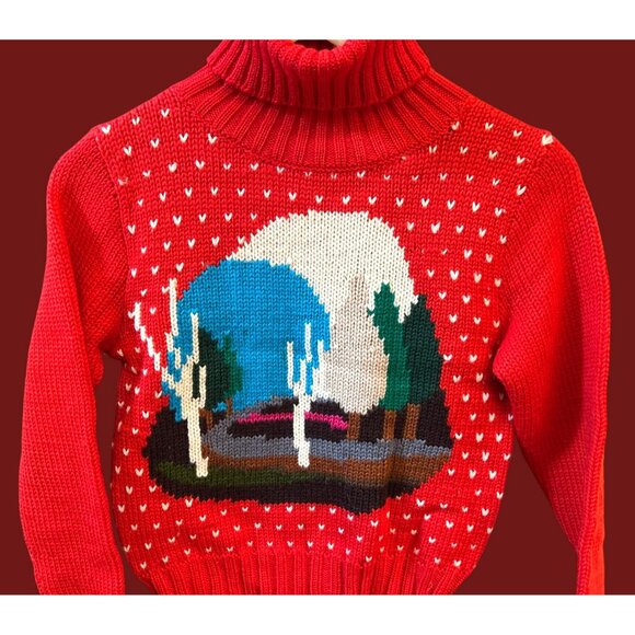 Vintage Hand Knit Red Intarsia Turtleneck Sweater Outdoor Scene Retro Ski Lodge - Picture 2 of 5